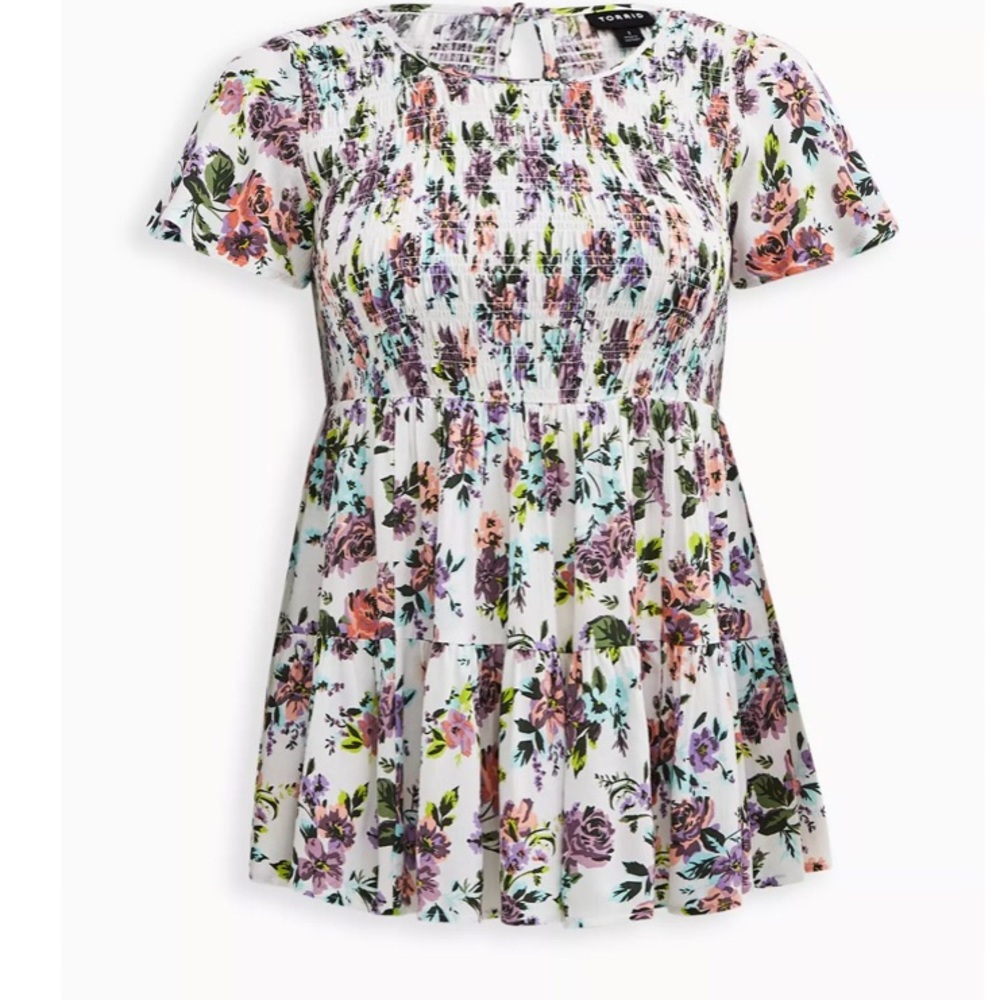 Torrid White and Pink Smocked Floral Blouse